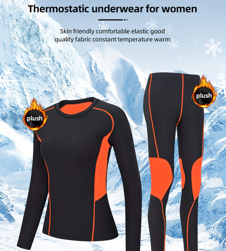 Women 2pcs Winter Sportswear Pants Outdoor Sports Riding Casual Warm Compression Underwear Leggings Set