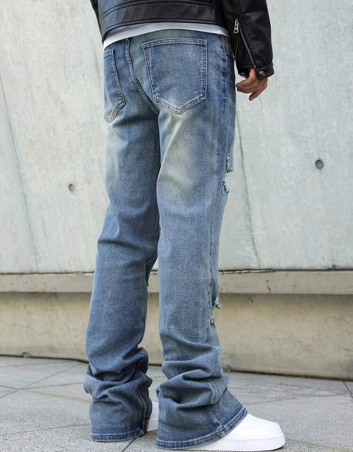 Load image into Gallery viewer, Men's straight-leg distressed jeans- mid-rise, stretch blend, leg zipper design, street style, ripped details, comfortable and versatile,  stylish long pants Slim-fit jeans Durable fabric
