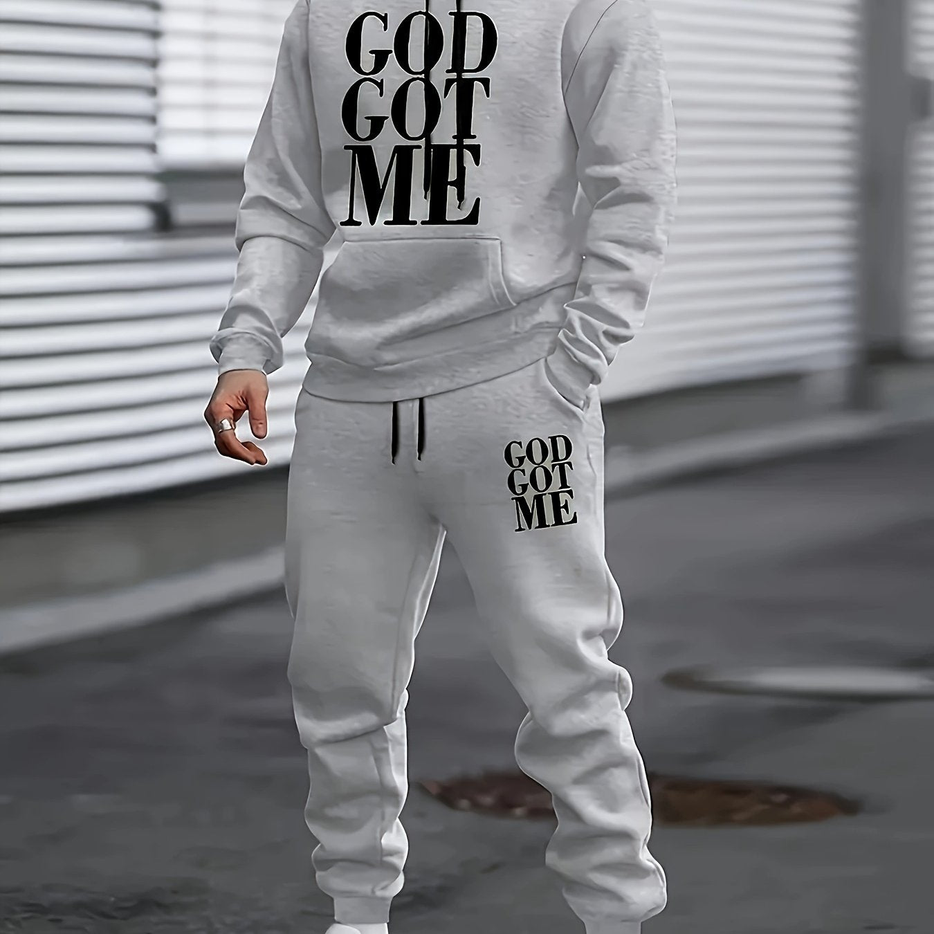 Casual Hoodie And Sweatpants Set - Fleece Lining, Long Sleeves, Printed Design | Machine Washable