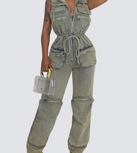 [Vintage Stretch Zipper Romper] Vintage One Pieces Overalls Denim Stretch Women Zipper Pocket Jumpsuit Hoodies Drawstring Waist Streetwear Jean Romper