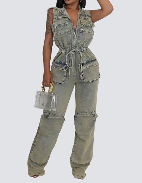 Load image into Gallery viewer, [Vintage Stretch Zipper Romper] Vintage One Pieces Overalls Denim Stretch Women Zipper Pocket Jumpsuit Hoodies Drawstring Waist Streetwear Jean Romper
