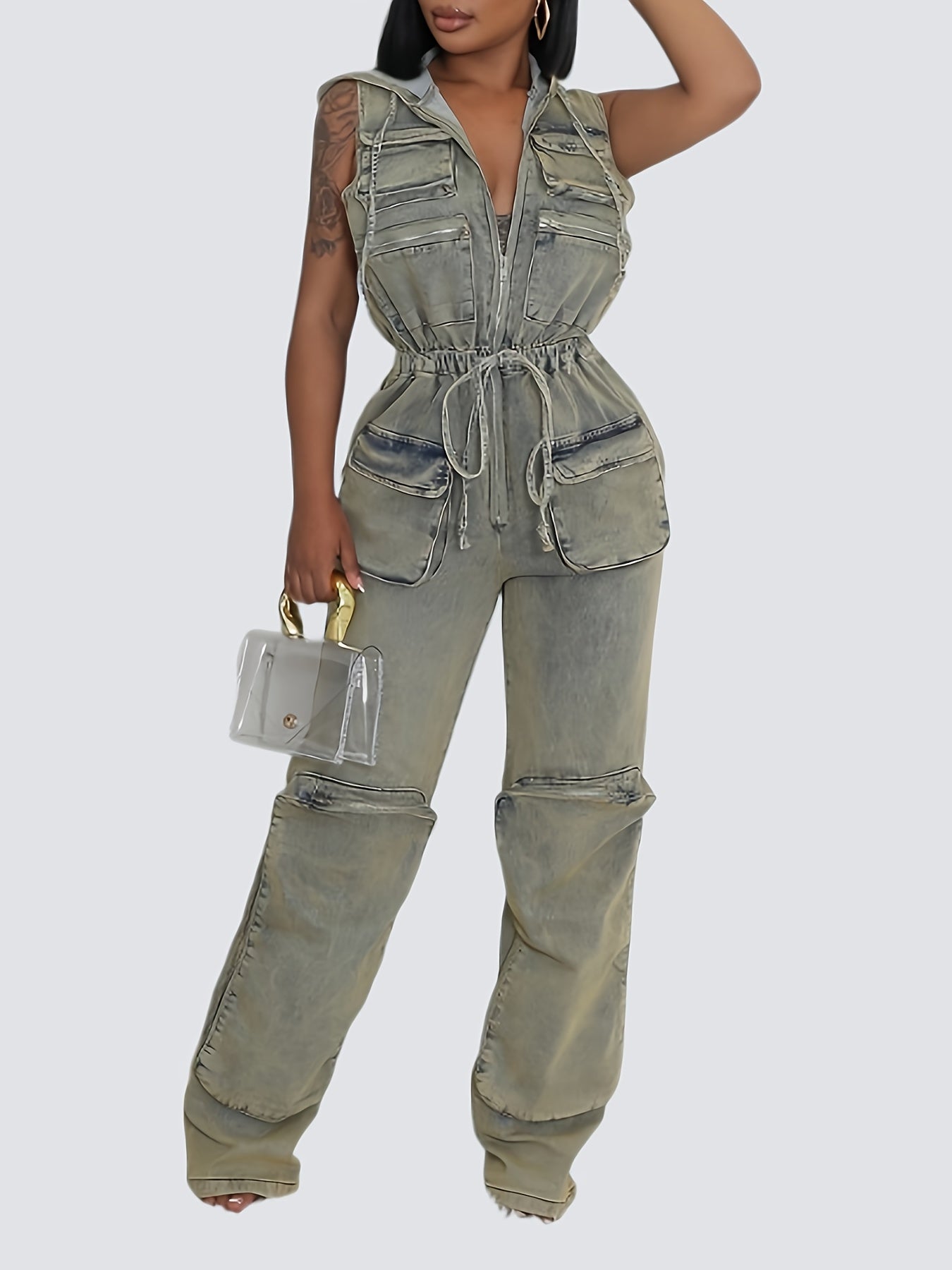 [Vintage Stretch Zipper Romper] Vintage One Pieces Overalls Denim Stretch Women Zipper Pocket Jumpsuit Hoodies Drawstring Waist Streetwear Jean Romper