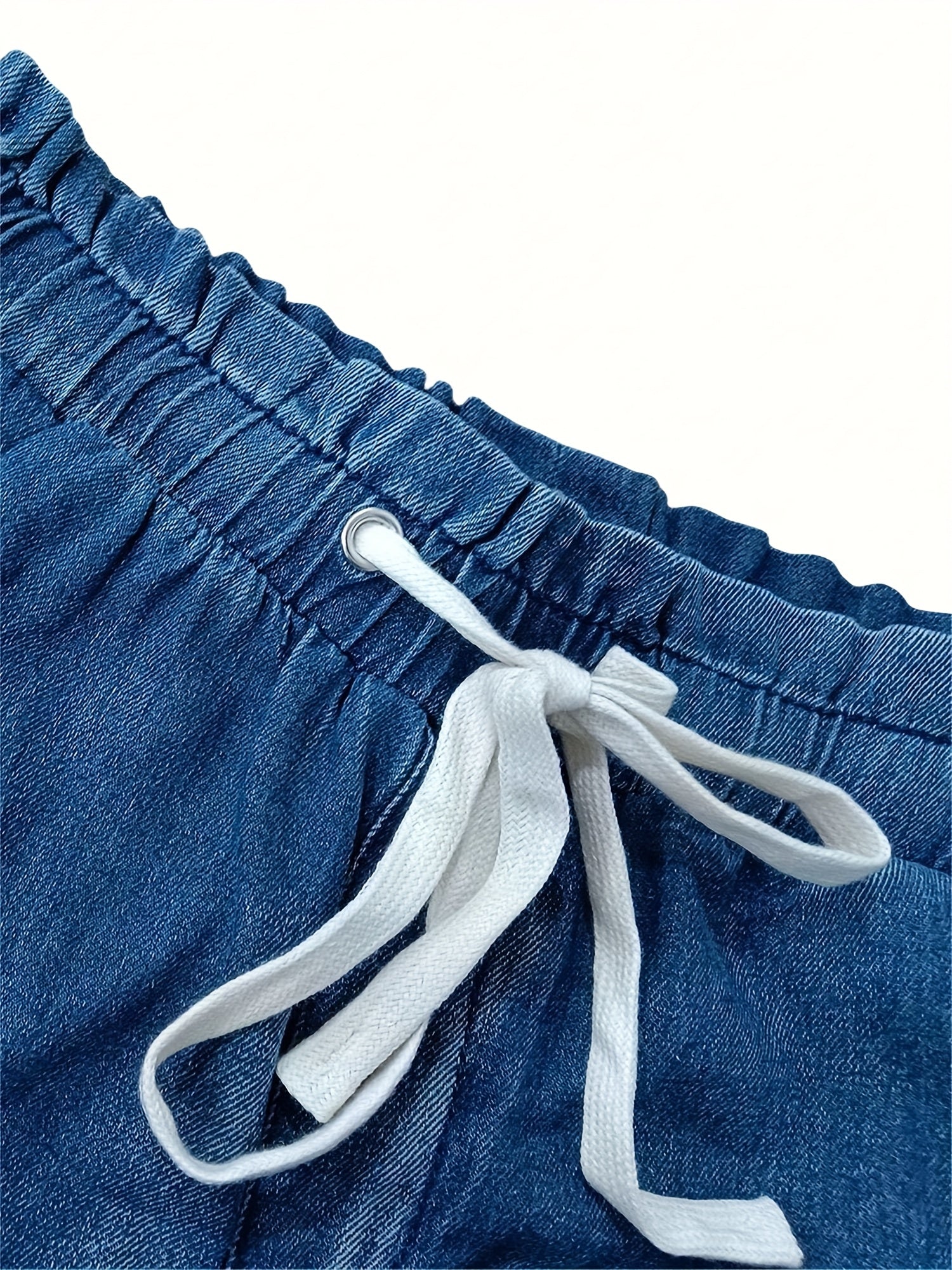 Women Baggy Denim Harem Pants - Elastic Drawstring Waist Wide Leg Jeans With Bow Tie & Pockets  (Vintage Distressed Wash)