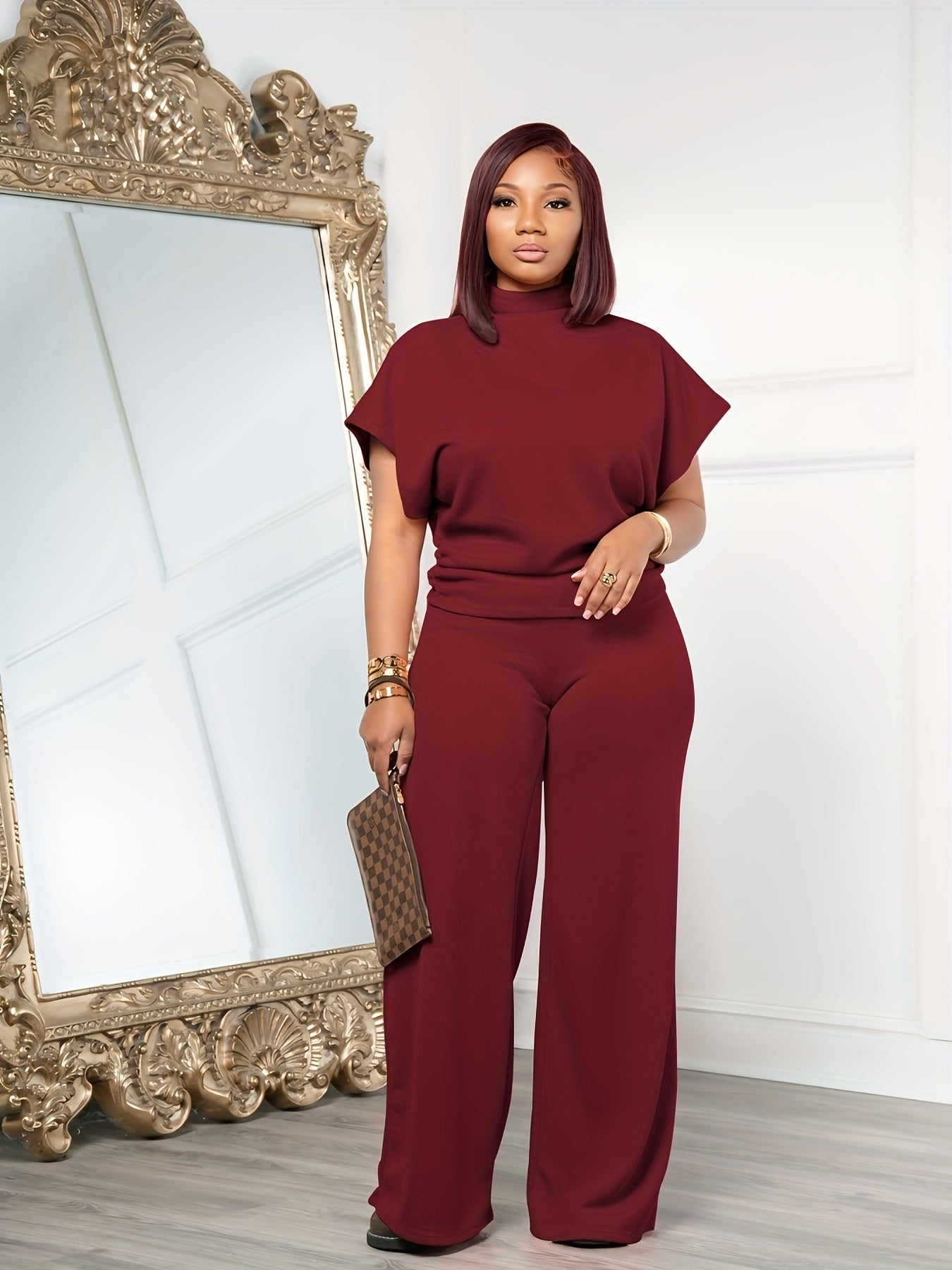 [Spring Casual Set] Two-piece Spring And Summer Casual Set | Women's Short Sleeved Semi High Neck Loose Top Wide Leg Pants Set, Casual Sports Set