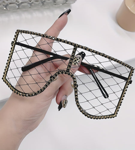 Square Rhinestone Mesh Shield Glasses for Women - Glamorous Eyewear with Protective Case, Fashion Accessory
