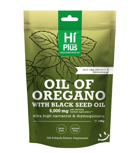 Hi Plus Oil Of Oregano Soft gels 6000mg Per Serving, 300 Count | 2-in-1 Formula With Black Seed Oil 200mg, 4X Strength Carvacrol & Thymoquinone | Plant-Based, Immune Support