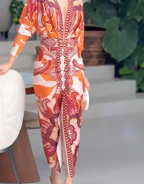 Load image into Gallery viewer, Vintage Baroque Slim Fit Midi Dress Long Sleeve Plunge V-Neck Bodycon Sexy Split Geometric Pattern Casual Wear Polyester Blend
