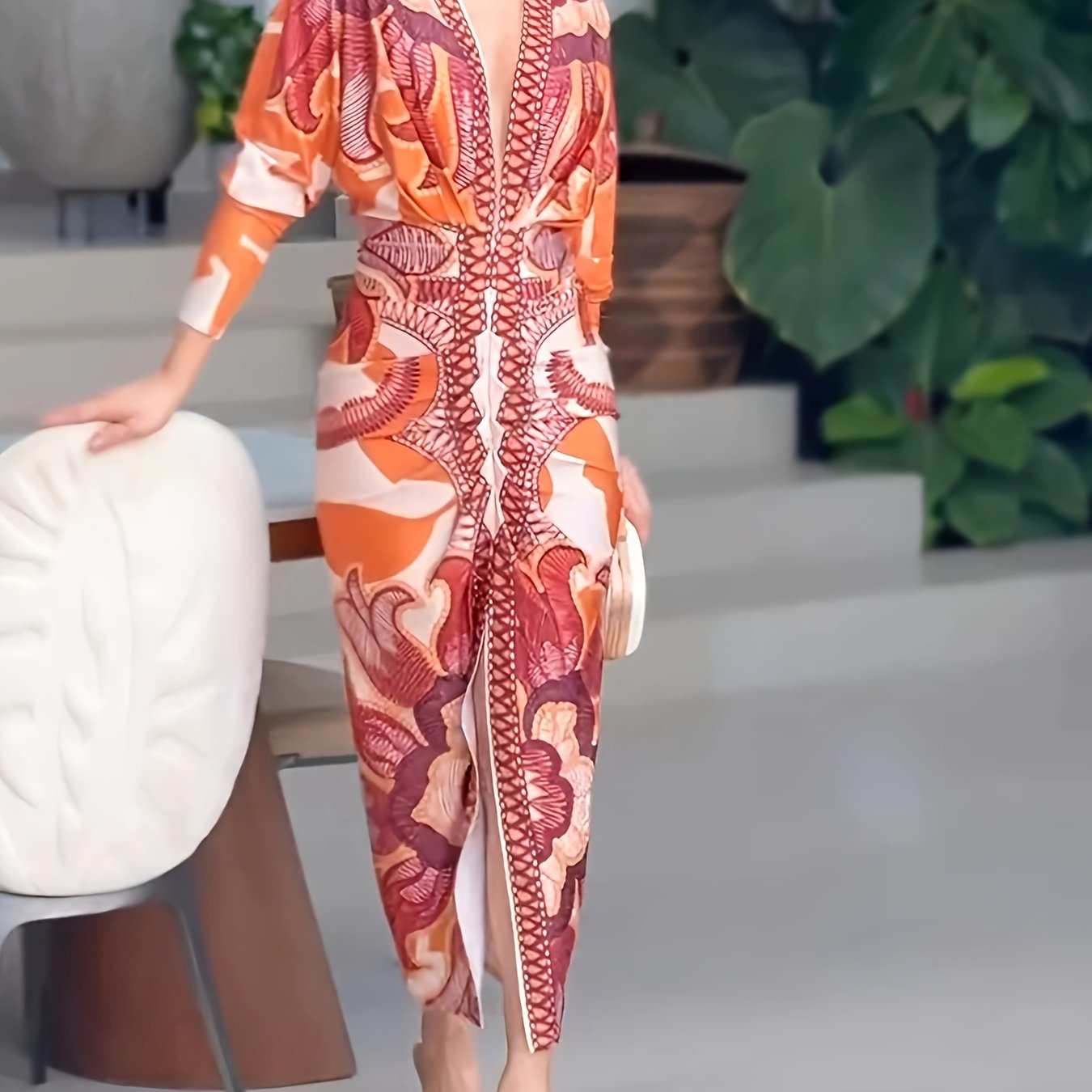 Vintage Baroque Slim Fit Midi Dress Long Sleeve Plunge V-Neck Bodycon Sexy Split Geometric Pattern Casual Wear Polyester Blend