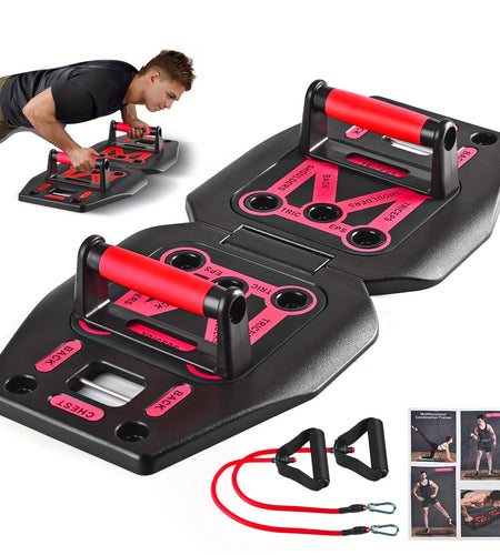 Portable Push Up Board & Resistance Bands for Full Body Workout - Compact, Space-Saving Fitness Gear with Strength Training Tools. Ideal for Home, Travel & Small Spaces