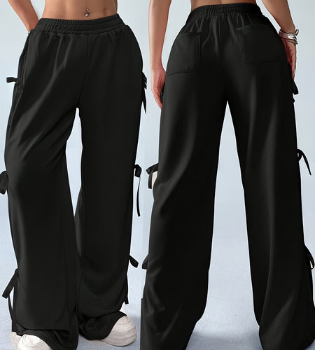 Plus Size, Women's Elegant Side Bow Tie Straps & Back Pockets Stretchy Loose Straight Leg Pants - Comfortable Elastic Waistband, Machine Washable, Spring Summer Fall Casual Outing Trousers, Seasonal Fashion, Durable Clothing