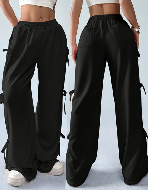Load image into Gallery viewer, Plus Size, Women&#39;s Elegant Side Bow Tie Straps &amp; Back Pockets Stretchy Loose Straight Leg Pants - Comfortable Elastic Waistband, Machine Washable, Spring Summer Fall Casual Outing Trousers, Seasonal Fashion, Durable Clothing
