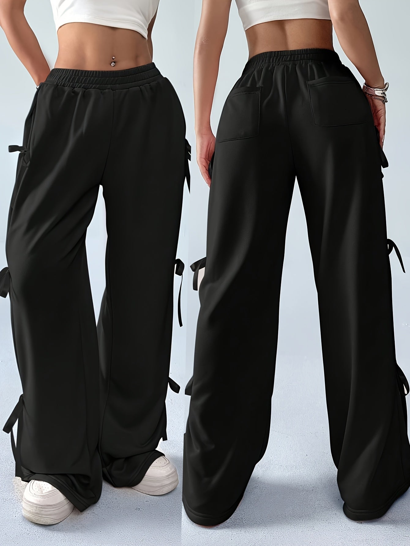 Plus Size, Women's Elegant Side Bow Tie Straps & Back Pockets Stretchy Loose Straight Leg Pants - Comfortable Elastic Waistband, Machine Washable, Spring Summer Fall Casual Outing Trousers, Seasonal Fashion, Durable Clothing