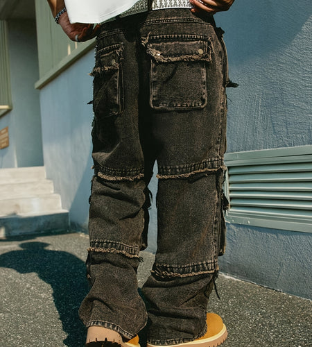Men Relaxed Fit Straight Jeans, Multi-Pocket Cargo Trousers, Summer Style, Urban Hip-Hop Fashion, Suitable for All Seasons