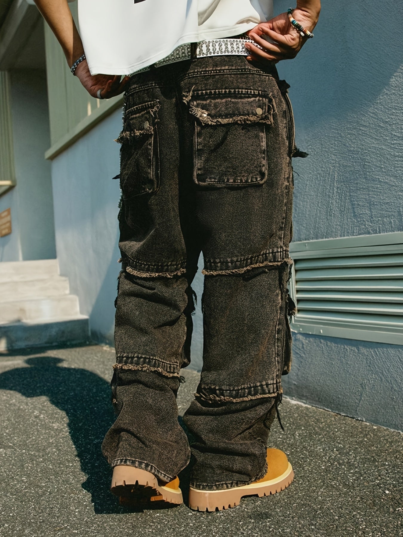 Men Relaxed Fit Straight Jeans, Multi-Pocket Cargo Trousers, Summer Style, Urban Hip-Hop Fashion, Suitable for All Seasons