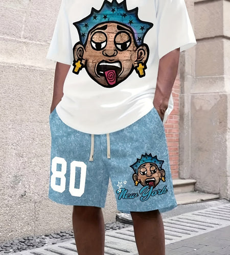 Men's Graphic T-Shirt - 220g Cotton Sporty Cartoon Print Tee with "Dad" Text, Regular Fit Short Sleeve Round Neck Casual Shirt for Casual Attire