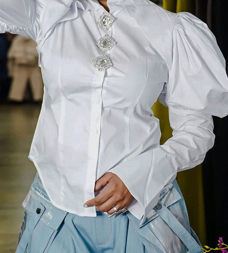 Women's White Blouse - Voluminous Puff Sleeves with Decorative Embellished Buttons | Slim-Tailored Fit