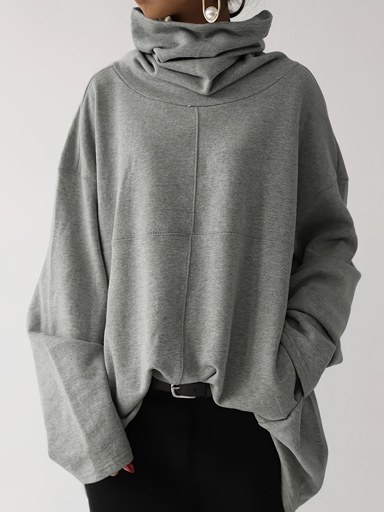 Plus Size, Women's Oversized Casual High Neck Pullover Hoodie with Front Pocket - Loose Fit Long Sleeve Solid Color Sweatshirt for Fall Winter, Plus Size Friendly