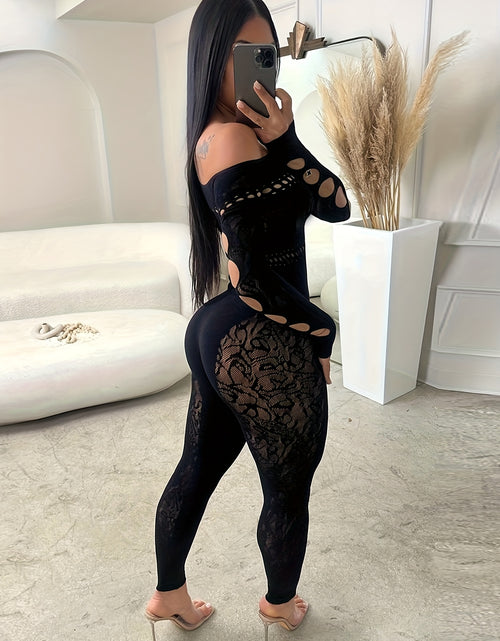 Load image into Gallery viewer, Sexy Black High-Waisted Lace Bodysuit with Single Shoulder Cutout - Stretchy Polyester &amp; Elastane Blend, Asymmetrical Design, Machine Washable, All-Season Wear for Women, All season Bodysuit | Sexy Asymmetrical Bodysuit | Str
