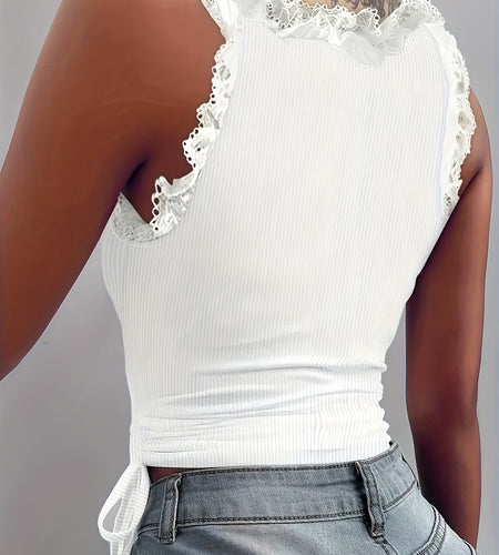 Women Solid Color Polyester Tank Top, Crew Neck With Contrast Lace Detail, Side Drawstring, Knit Fabric, Spring/Summer Fashion