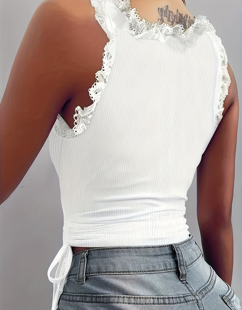 Load image into Gallery viewer, Women Solid Color Polyester Tank Top, Crew Neck With Contrast Lace Detail, Side Drawstring, Knit Fabric, Spring/Summer Fashion
