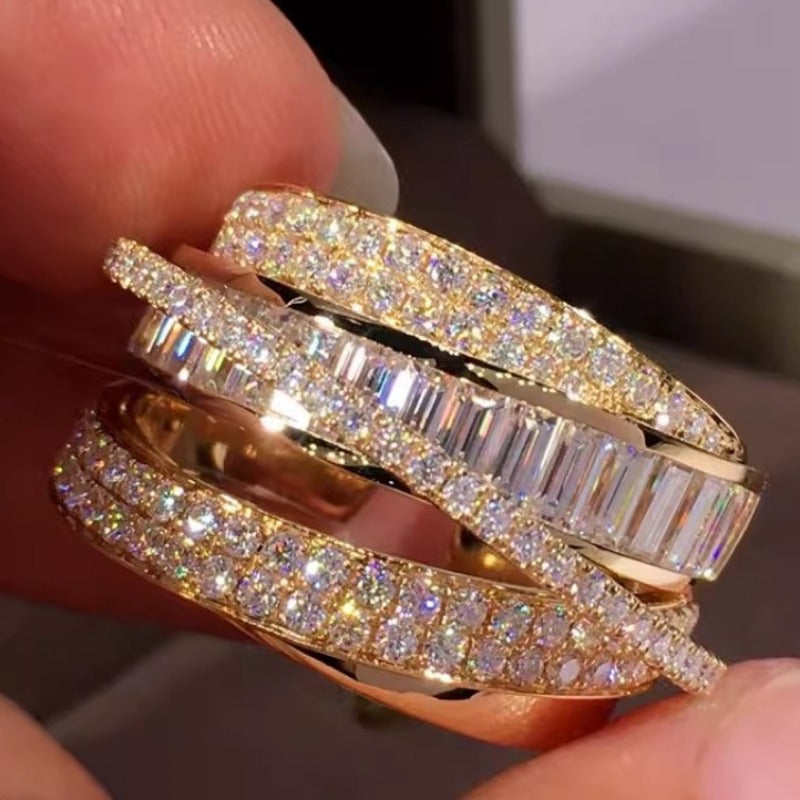 1pc Elegant Multi-Layered Copper Ring with Sparkling Synthetic Zirconia for Women,