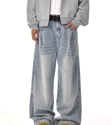 Men's Vintage Washed Wide-Leg Jeans - Oversized Straight-Leg Relaxed Fit Wash Blue Pants, High-Street Style All-Season Casual Wear, Machine Washable (No Belt Loops)