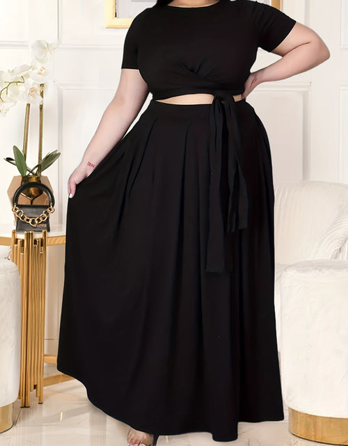 Load image into Gallery viewer, Plus Size Women&#39;s Solid Color Cross Tie Maxi Skirt Set, Casual Polyester Knit Dress with Short Sleeves, Round Neck, Pullover, Elastic Fabric, Fashionable Two-Piece Outfit
