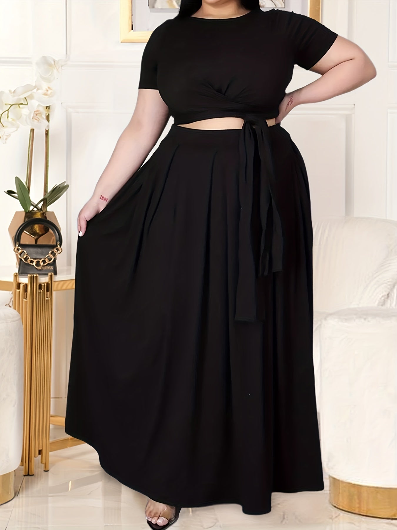 Plus Size Women's Solid Color Cross Tie Maxi Skirt Set, Casual Polyester Knit Dress with Short Sleeves, Round Neck, Pullover, Elastic Fabric, Fashionable Two-Piece Outfit