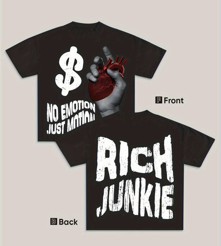 Men Double-Sided Graphic T-Shirt - Bold "NO EMOTION JUST MOTIVATION" & "RICH JUNKIE" Print, Loose Fit Casual Short Sleeve Tee, Multi-Color Options, Summer Comfort, Round Neck