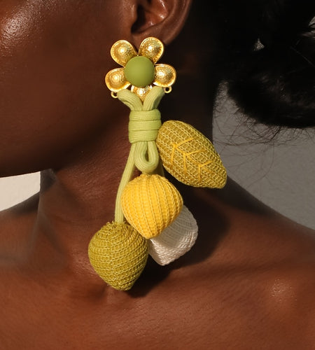 Boho-Chic Alloy Flower & Fabric Leaf Tassel Earrings - Stainless Steel Posts, Resin Accents, Bohemian Style, Unique Design