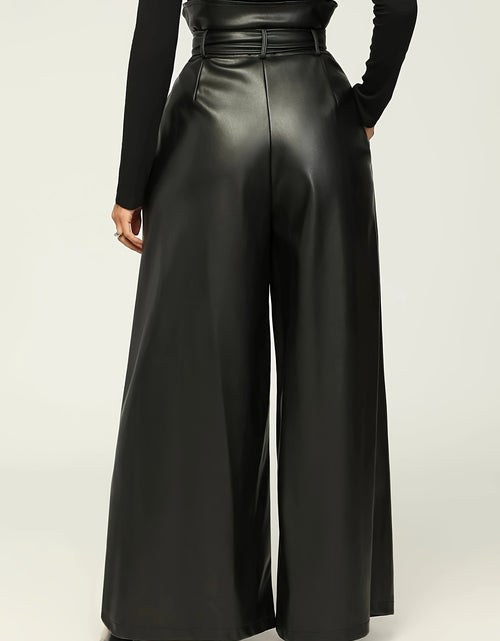 Load image into Gallery viewer, Women High-Waisted Wide Leg Pants with Metallic Belt Detail - Elegant Solid Black Trousers, All-Season Versatile Office &amp; Casual Wear, Durable PU Material,  Easy Care, High Waisted Formal Trousers, Sleek Design, Smooth Textur
