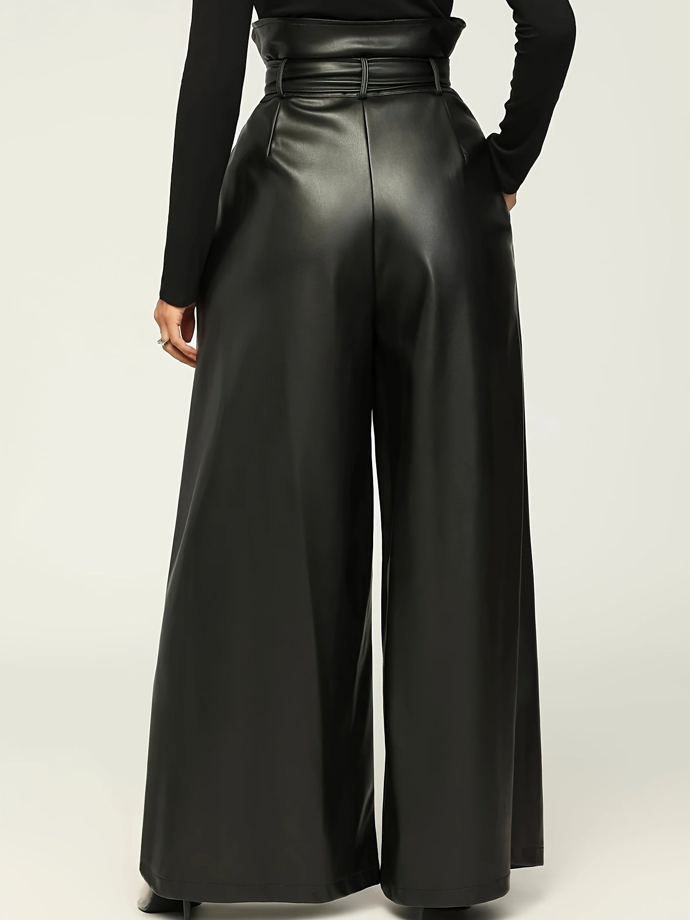 Women High-Waisted Wide Leg Pants with Metallic Belt Detail - Elegant Solid Black Trousers, All-Season Versatile Office & Casual Wear, Durable PU Material,  Easy Care, High Waisted Formal Trousers, Sleek Design, Smooth Textur