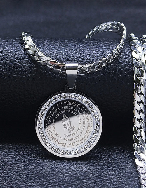 Load image into Gallery viewer, Elegant Golden-Tone Stainless Steel Serenity Prayer Hand Pendant Necklace with Crystal Accents - Hip Hop/Vintage Style Religious Jewelry for Men &amp; Women, Perfect for Daily Wear
