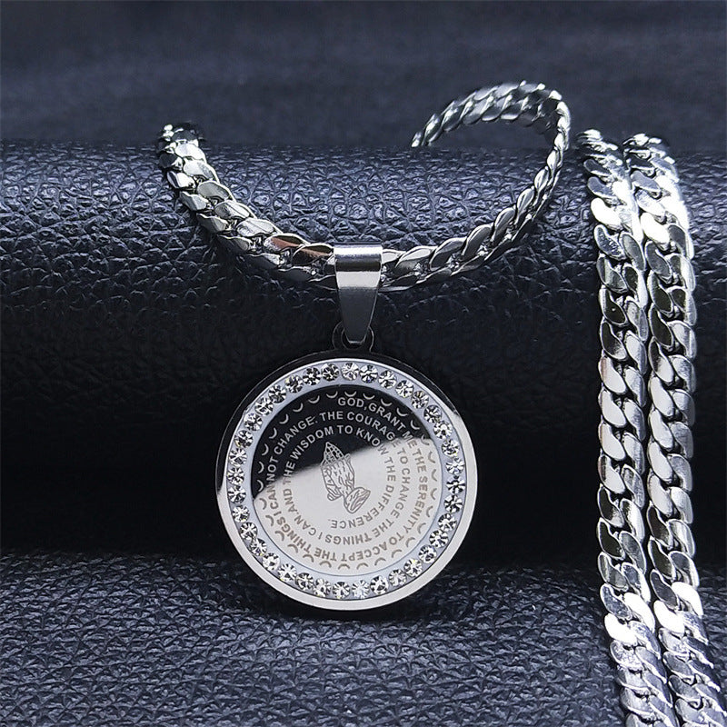 Elegant Golden-Tone Stainless Steel Serenity Prayer Hand Pendant Necklace with Crystal Accents - Hip Hop/Vintage Style Religious Jewelry for Men & Women, Perfect for Daily Wear