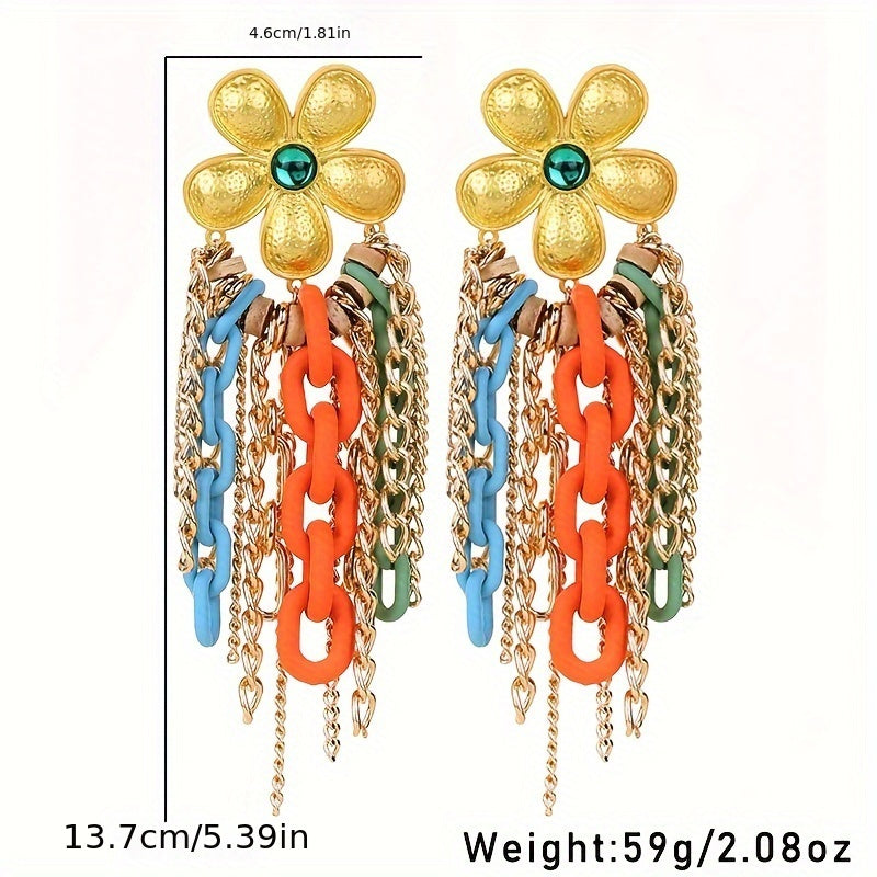 1 Pair Bo ho Chic Alloy Flower Tassel Earrings with Colorful Acrylic Chains, Stainless Steel Posts - Lightweight