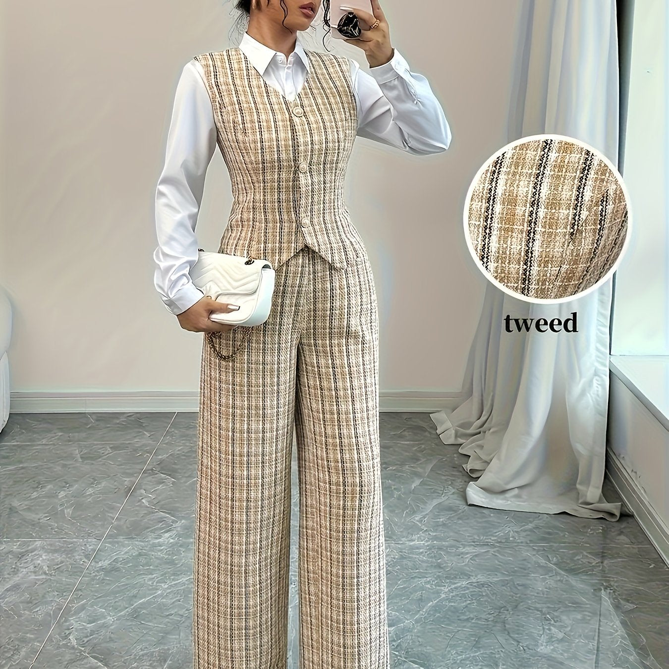Elegant Women Printed Vest And Pants Two-piece Set A Fashionable Autumn Office Outfit. It Features Button Details, And An Elegant Style (shirt Not Included, for Matching Display Only).