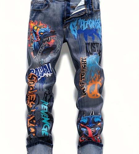 Graffiti Distressed Washed And Distressed Jeans Men Jeans Para Hombre, Designer Jeans for Men, Straight-Leg Wide-Leg Stretch All-Season Streetwear Y2K Vintage Wash Fashion