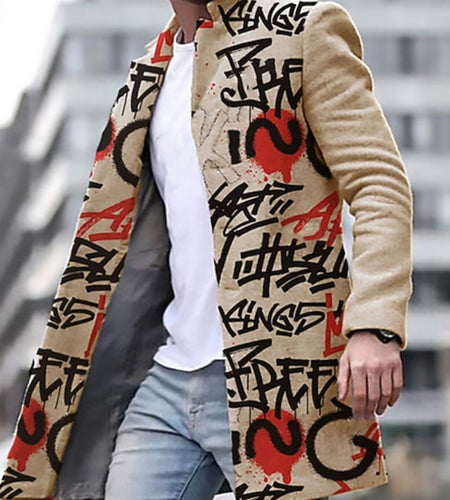 Men's Urban Streetwear Graffiti Coat - Beige with Black & Red Lapel Button Jacket, Loose Fit Long Winter Coat for Autumn/Cold Weather, Machine Washable Hip-Hop Outerwear