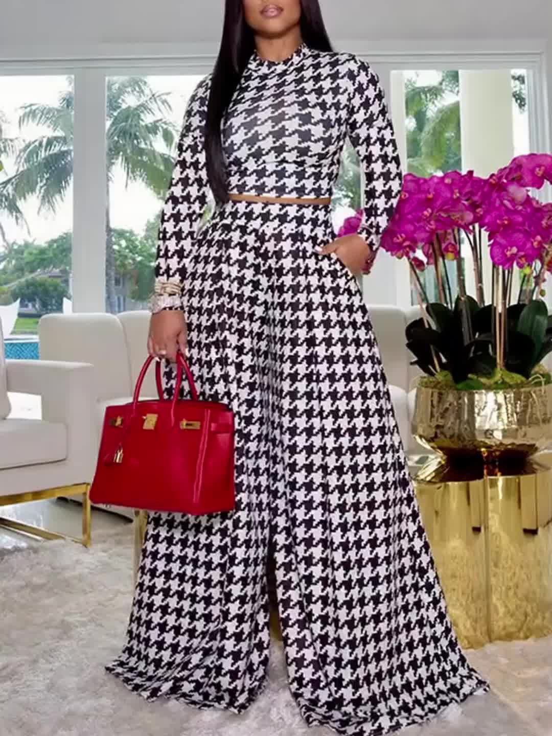 Women Print Long Sleeve Casual Polyester Knit Pants Suit with Round Neck for Autumn/Winter