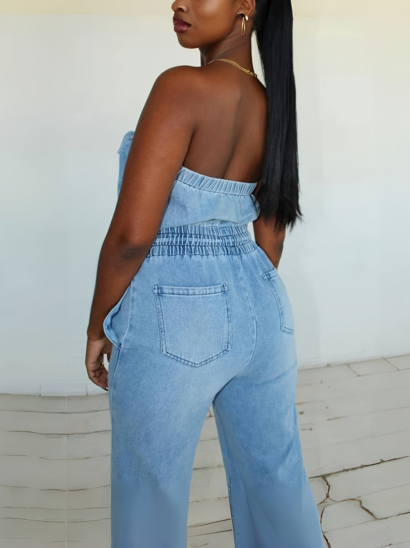 [Y2K Denim Jumpsuit] Sexy Strapless Women's Y2K Denim Jumpsuit | Baggy Wide-Leg Romper with Pockets, 90s Retro Casual Streetwear, Regular Fit Long Length for Spring Summer Fall