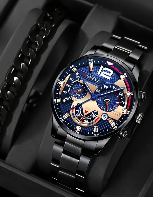 Load image into Gallery viewer, 4pcs Men Stainless Steel Watch &amp; Jewelry Set - Quartz Watch, Bracelet, Necklace, Ring With Gift Box - Versatile For Casual &amp; Formal Occasions -
