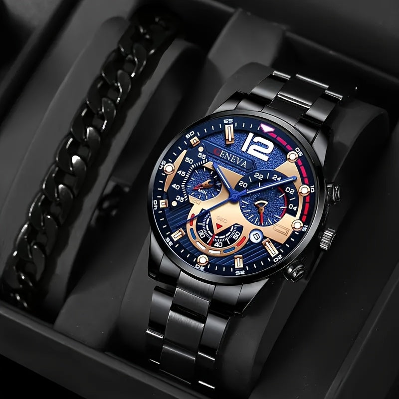 4pcs Men Stainless Steel Watch & Jewelry Set - Quartz Watch, Bracelet, Necklace, Ring With Gift Box - Versatile For Casual & Formal Occasions -