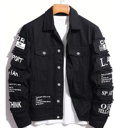 Men's Heavyweight Denim Jacket - Oversized Retro Streetwear Coat with 3D Patchwork Design, Single-Button Closure, Machine Washable, 4-Pocket Construction (Yellow/Black)