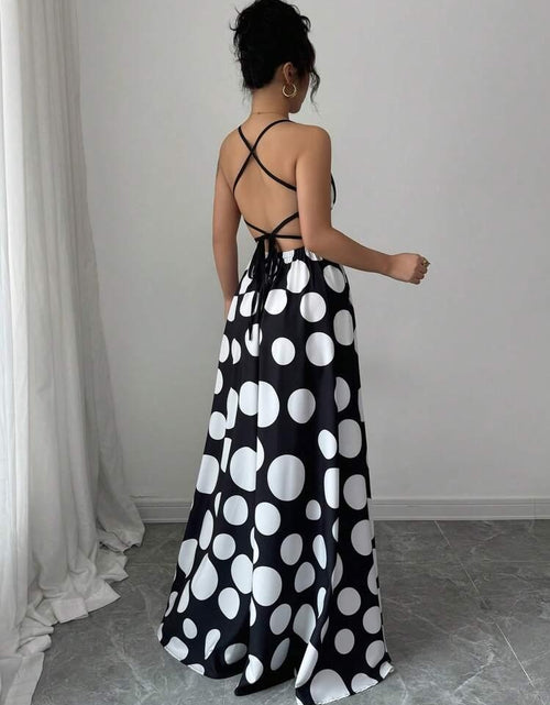 Load image into Gallery viewer, Women Sleeveless Black and White Polka Dot Maxi Dress with Tie Back Detail - Perfect for Spring/Summer/Fall, Vacation Style, Regular Fit, ,Flared Hem, Adult Size, Vacation Attire |Flared Hemline |Backless Dress
