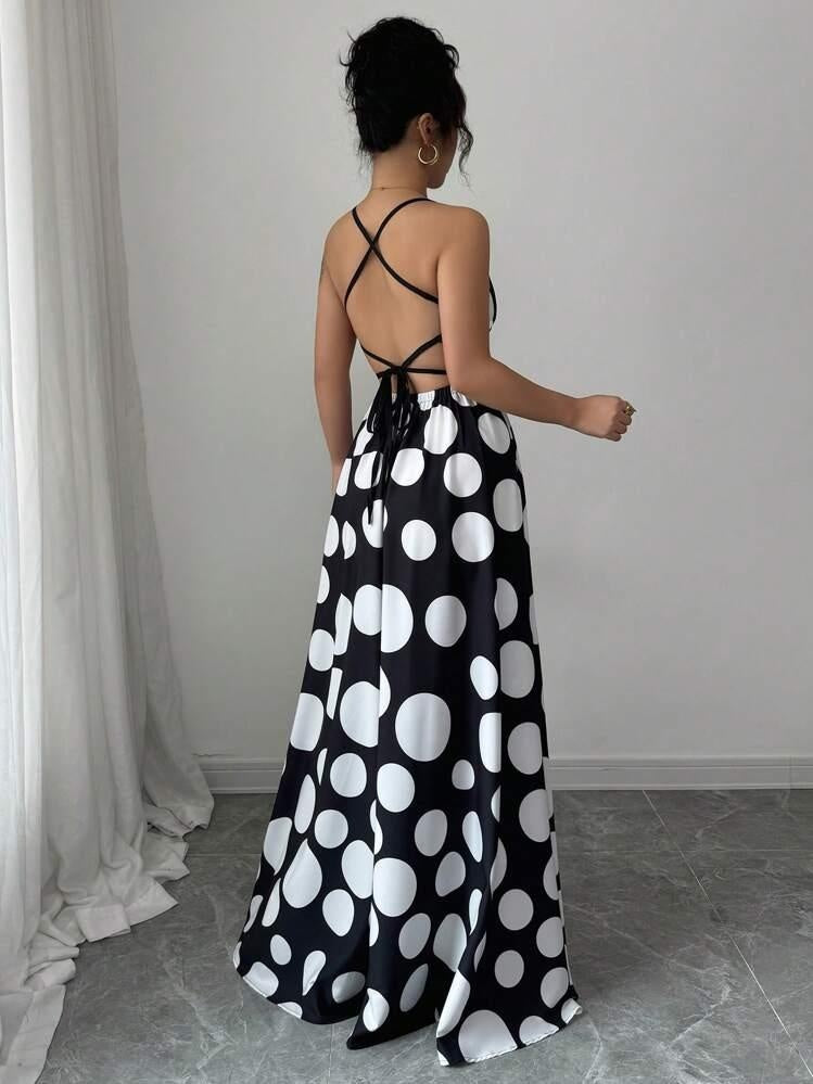 Women Sleeveless Black and White Polka Dot Maxi Dress with Tie Back Detail - Perfect for Spring/Summer/Fall, Vacation Style, Regular Fit, ,Flared Hem, Adult Size, Vacation Attire |Flared Hemline |Backless Dress
