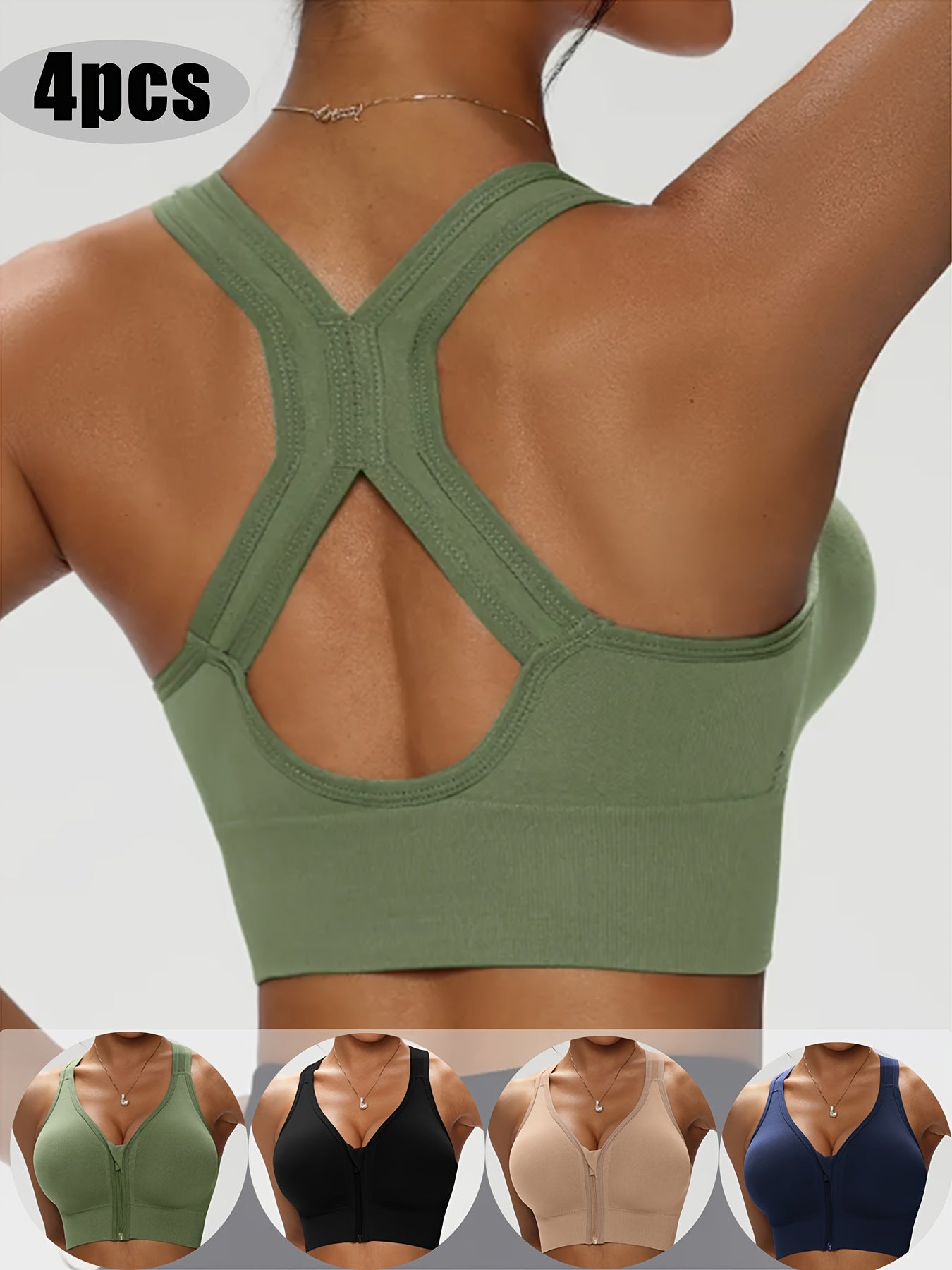 4pcs Women'S Front-Zip Wireless Bras with Removable Pads - No Underwire, X-Back Closure, Medium Support, Front Zipper Closure for Easy On/Off - Gym, Yoga, Everyday Bras - Durable Sports Bras for Women - Compatible with Workou