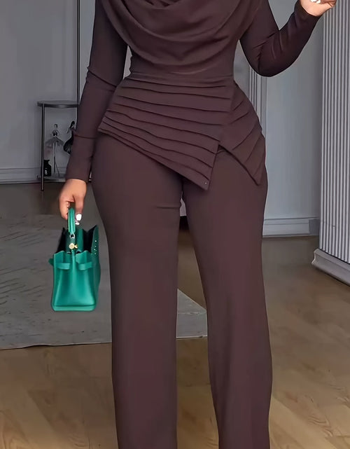 Load image into Gallery viewer, Plus Size - Women Plus Size Two-Piece Set - Cinched Waist Top &amp; Flared Pants, Solid Color, Asymmetrical Design, Casual Style, Crew Neck, Slight Stretch Fabric
