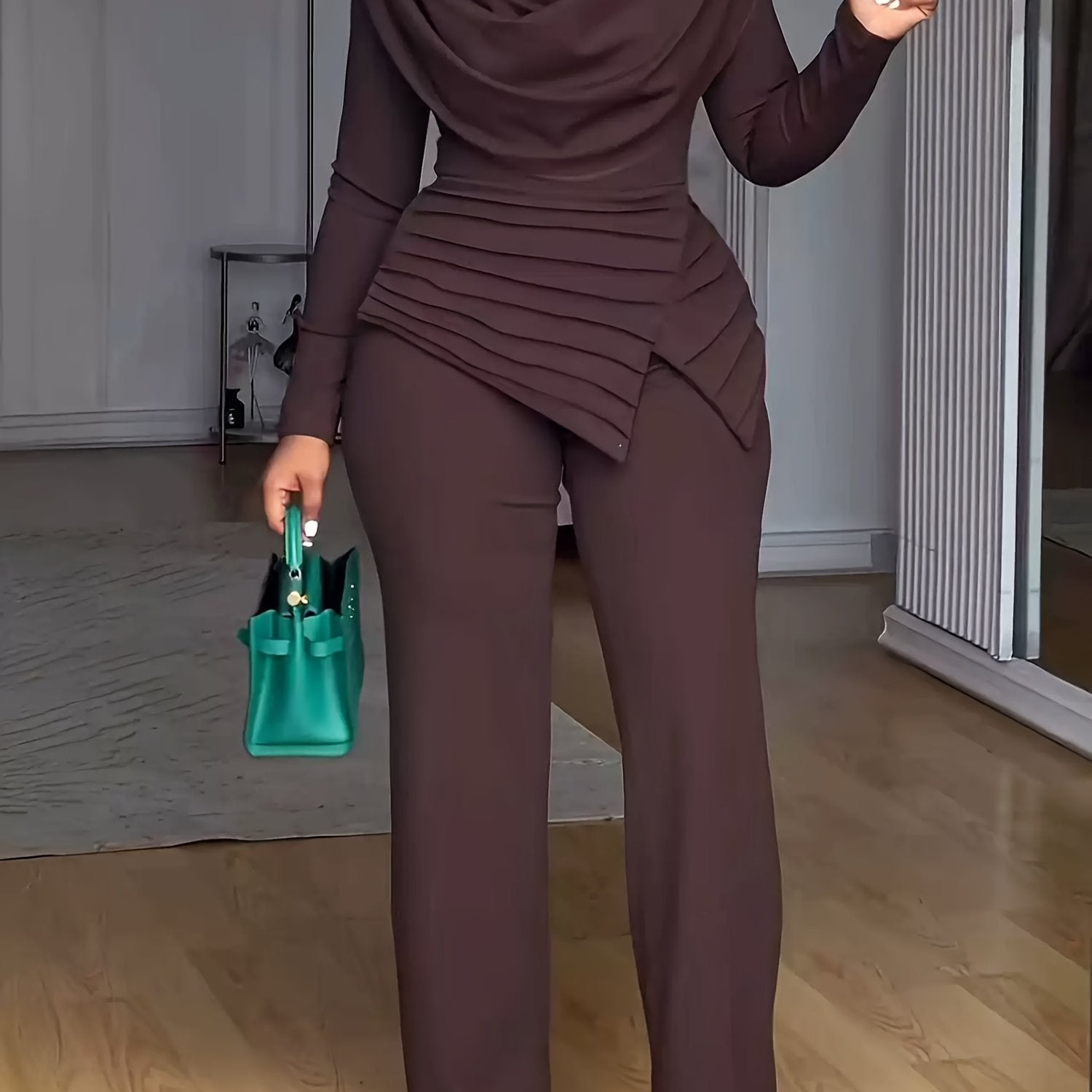 Plus Size - Women Plus Size Two-Piece Set - Cinched Waist Top & Flared Pants, Solid Color, Asymmetrical Design, Casual Style, Crew Neck, Slight Stretch Fabric