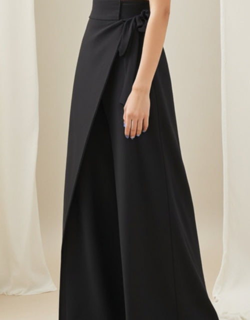 Load image into Gallery viewer, Women  High-Waisted Wide-Leg Trousers with Tie-Front Waist &amp; Belted Collar - Elegant Winter Pants for, Commuting, Dates - Non-Stretch Fall/Winter Outfits (Solid Black) - Hand Washable
