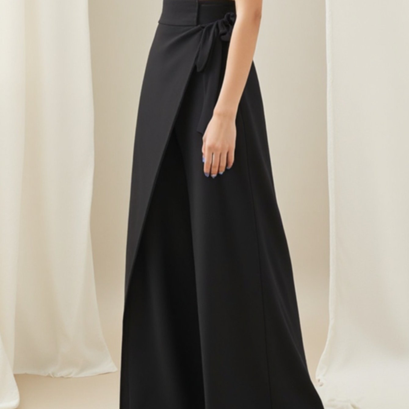 Women  High-Waisted Wide-Leg Trousers with Tie-Front Waist & Belted Collar - Elegant Winter Pants for, Commuting, Dates - Non-Stretch Fall/Winter Outfits (Solid Black) - Hand Washable